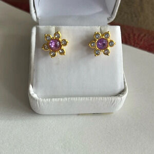 3/$20 Beautiful Light Purple Pink Crystal Gold Tone Flower Floral Stud Earrings